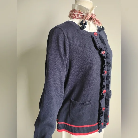 Talbots Cotton Cashmere Nautical Ruffle Cardigan Navy Blue Red Coastal Size 1X - Picture 5 of 14